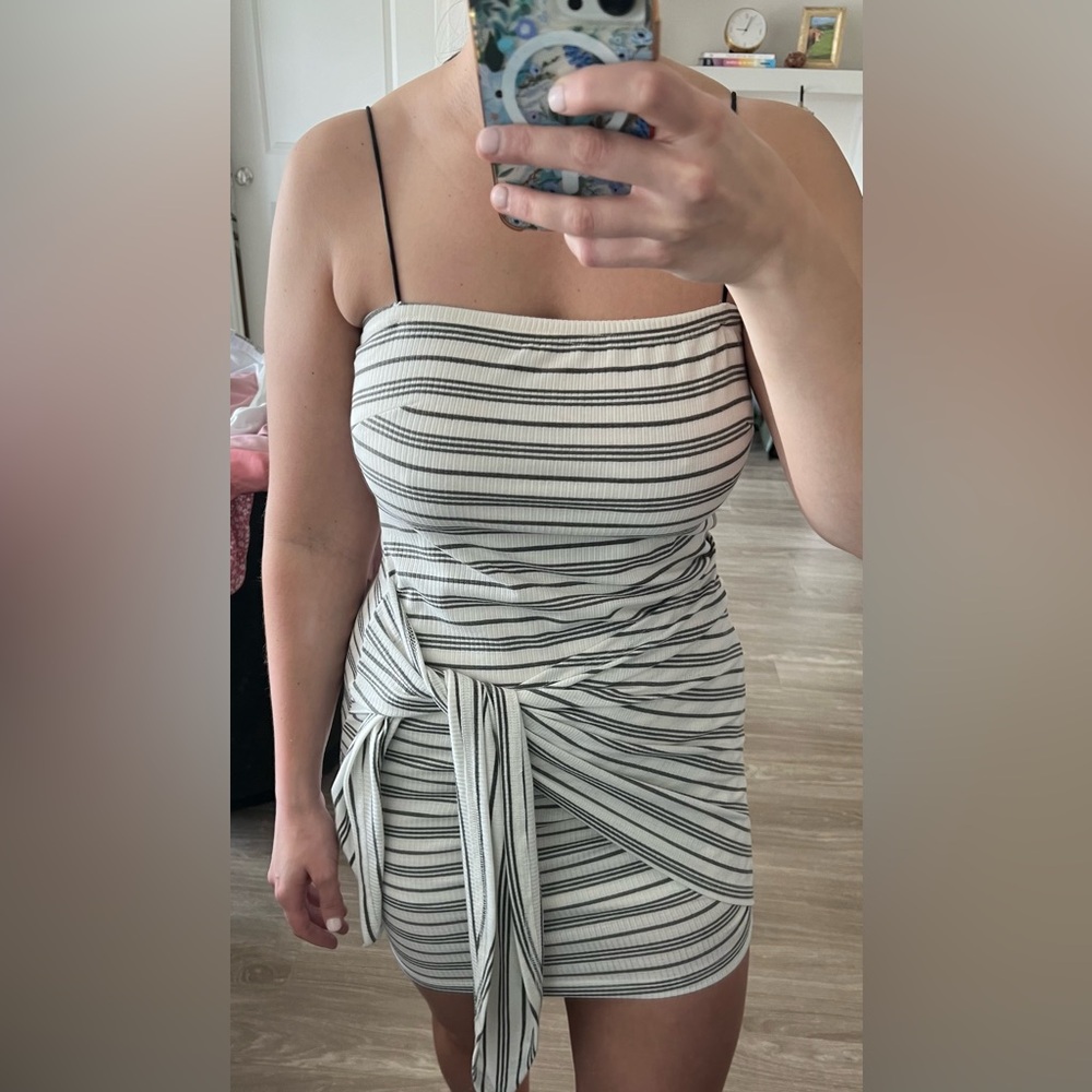 White/ Grey Striped Bodycon Dress - Size Medium
